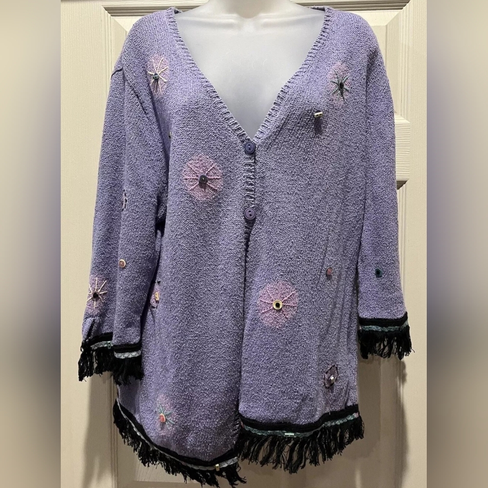 Ann Trinity Women's Beautiful  Embroidery Beaded Cardigan Sweater XL Purple Blue